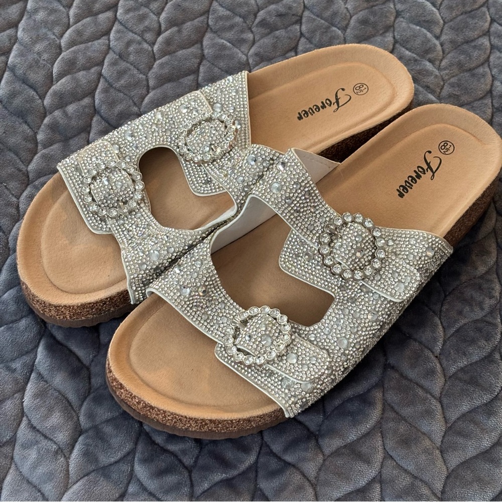 Rhinestone Cork Sole Double Buckle Slide Sandals - Forever Size 8.5 excellent